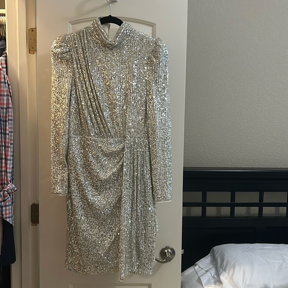 Eliza J long sleeve sequin dress high collar